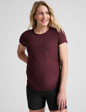 red short sleeve maternity crew neck top.