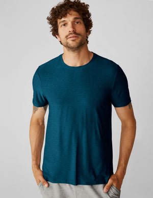 blue men's short sleeve top.