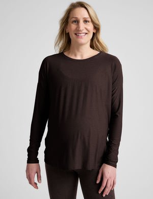brown long sleeve crew neck maternity top.