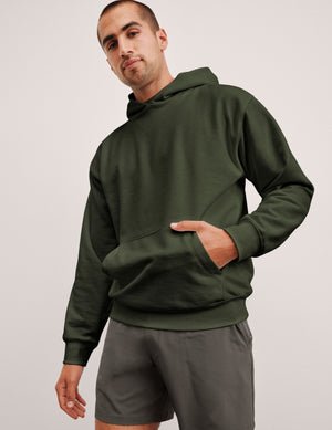 green men's fleece hoodie with a kangaroo pocket.